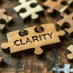Picture puzzle piece engraved with 'clarity'